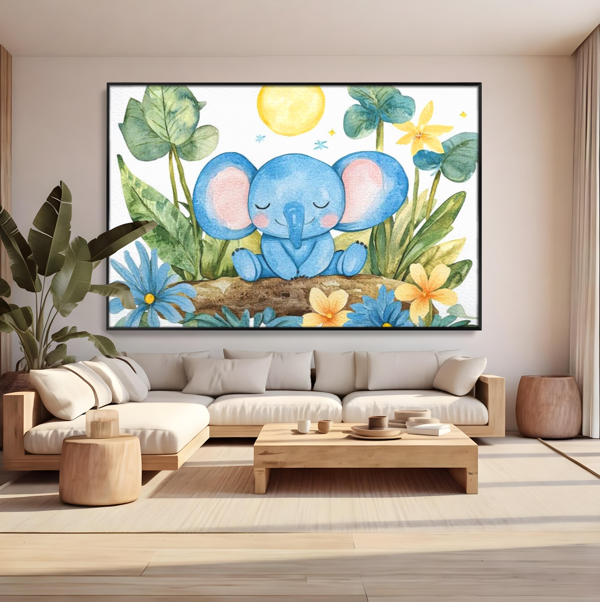 Tablou canvas cu ilustratie cu elefant albastru dormind pe o tulpina, in rama de aluminiu negru, pe perete intr-un living